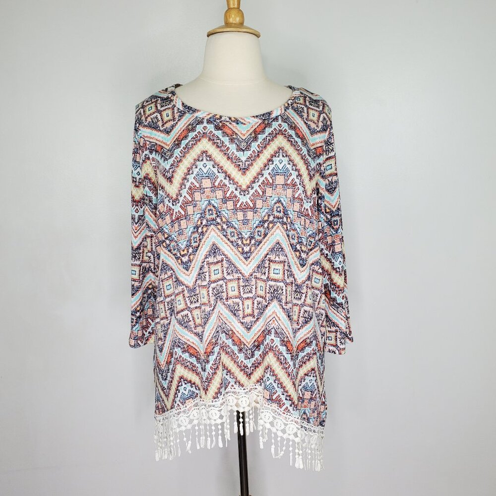 Younique Multi-Color Tribal Aztec Fringe Lace Stretchy Sweater Top NEW Size 3X